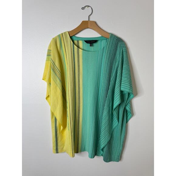 Ming Wang Large/X-Large Green & Yellow Stripe Knit Crew Neck Pullover Poncho Top - Picture 1 of 11